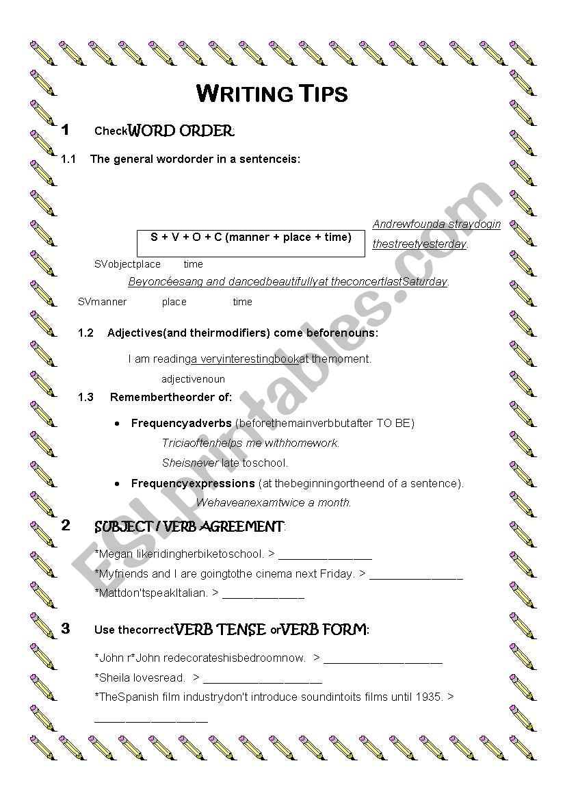 WRITING TIPS worksheet