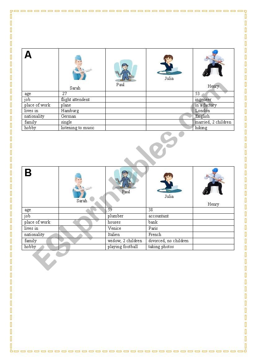 Basic questions - pair work worksheet