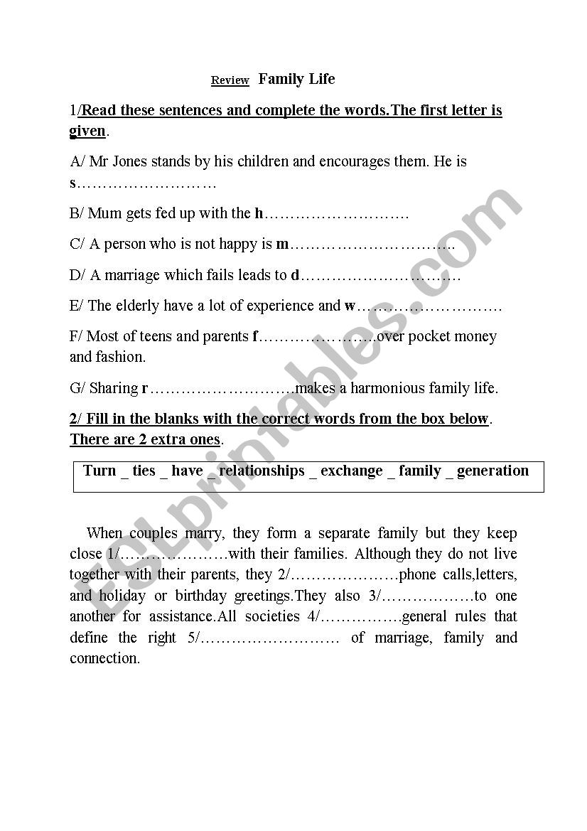 family life  worksheet