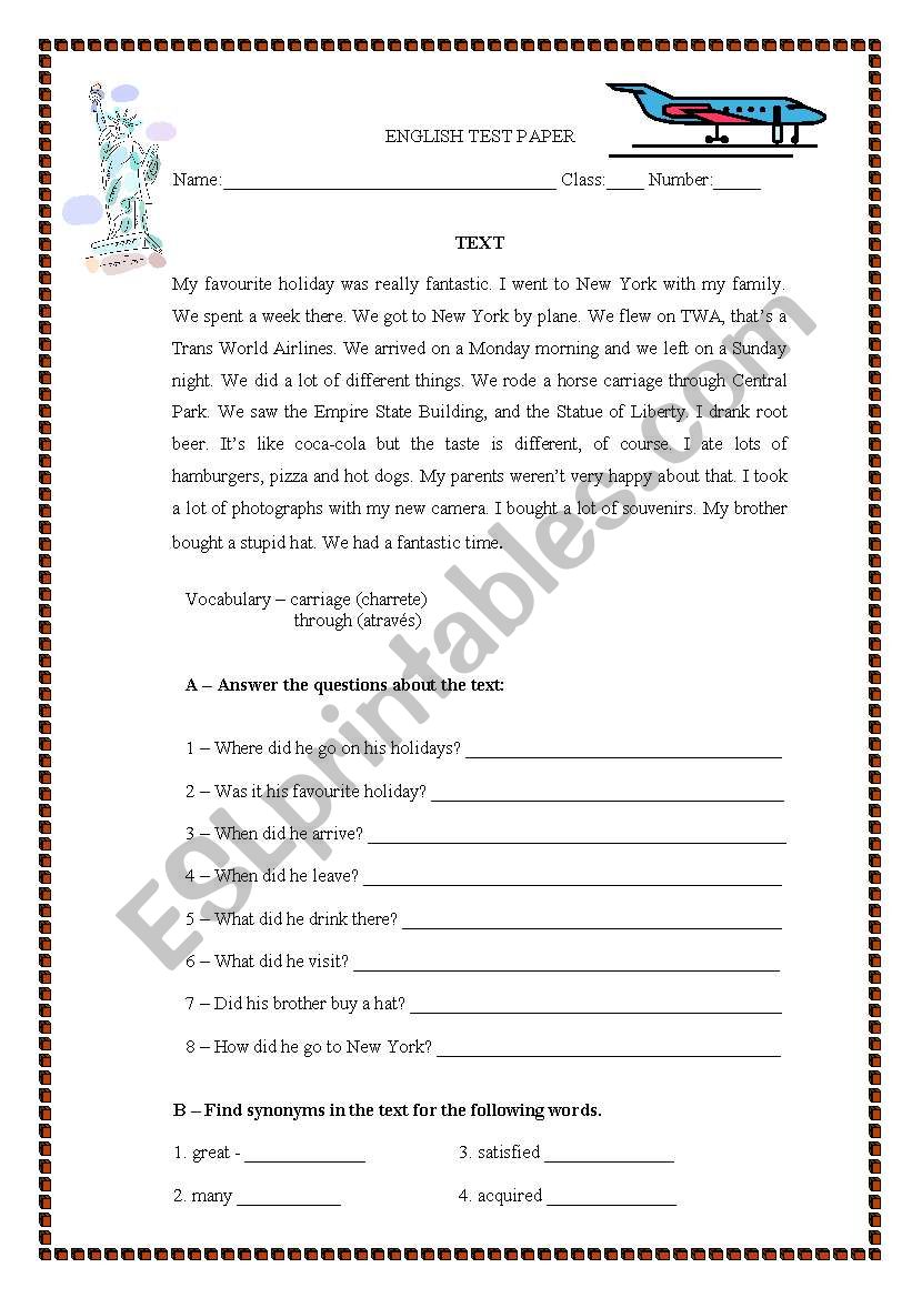 Test paper - My holidays worksheet
