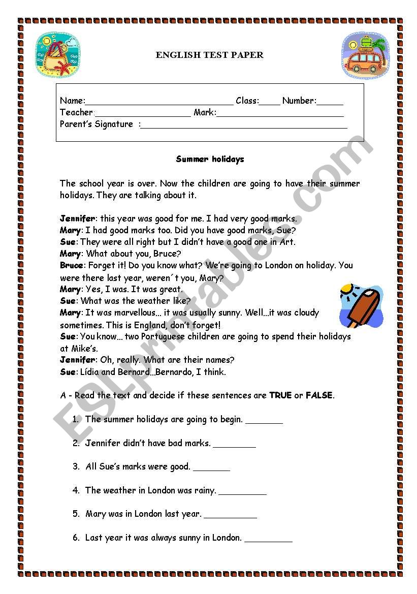 Test paper - Summer Holidays worksheet