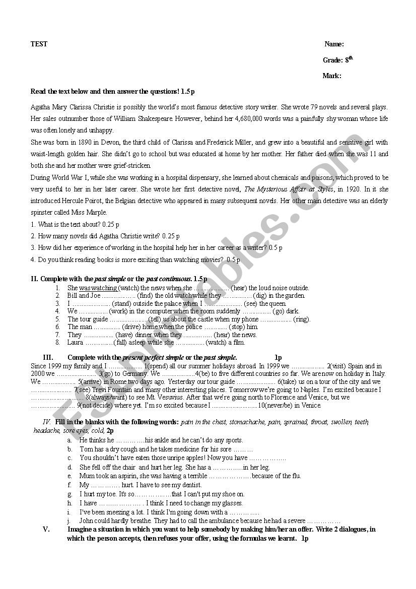 Test-Reading comprehension and grammar