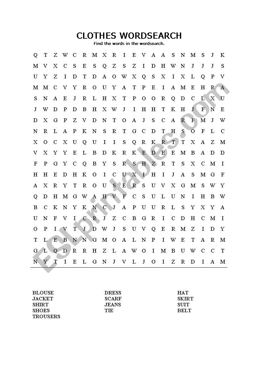 Clothes wordsearch worksheet