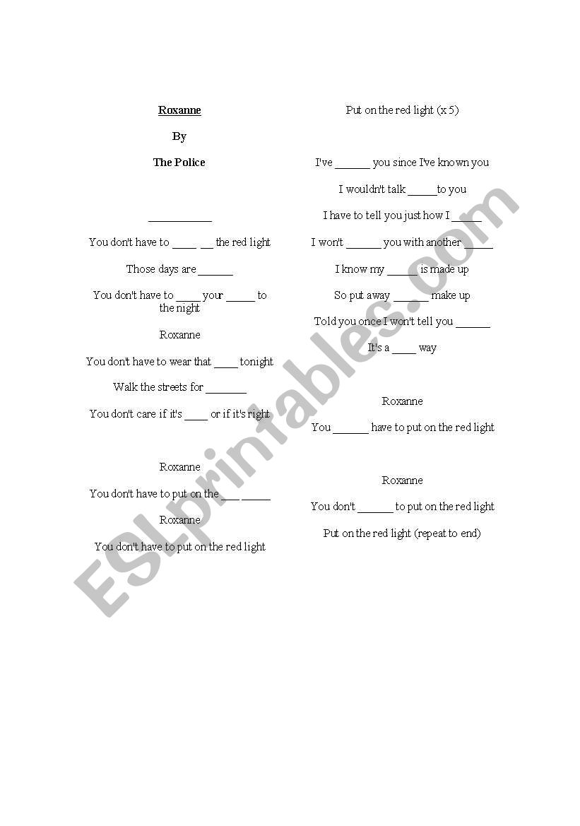 Roxanne (song) Gap Fill & Debate Activity