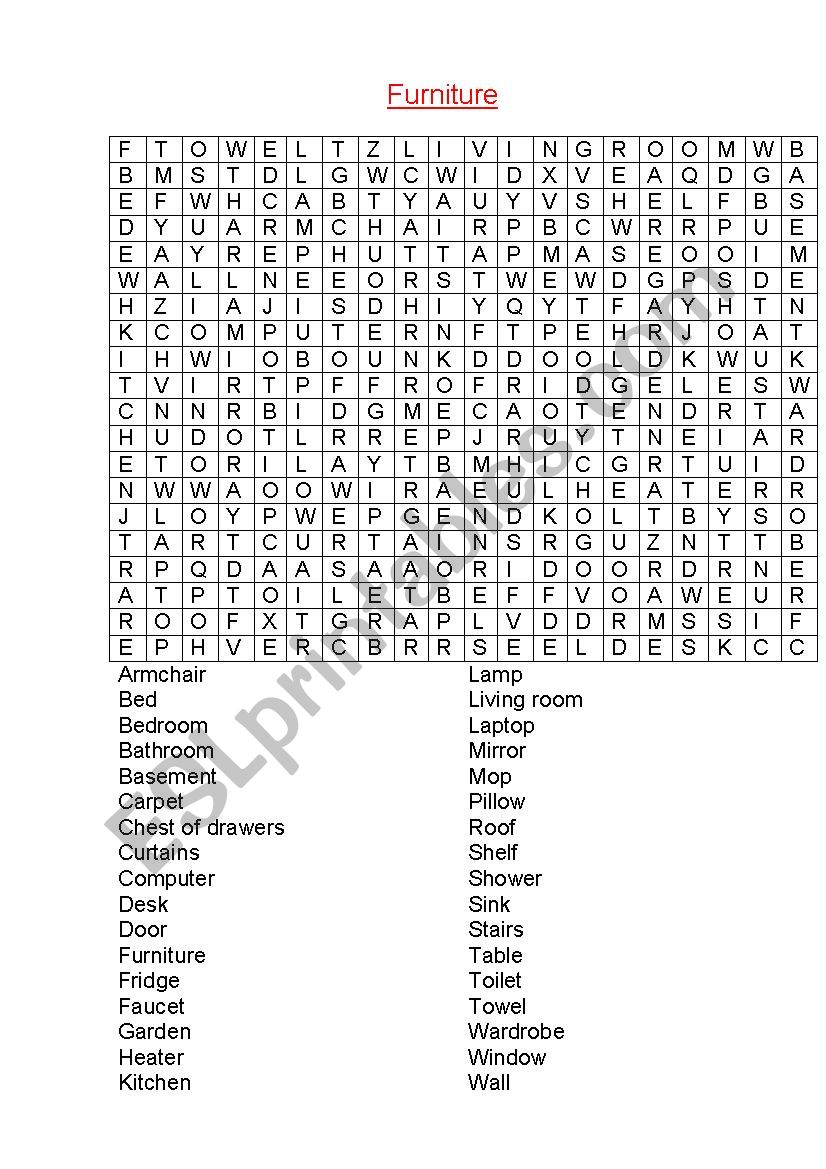 Furniture crossword worksheet