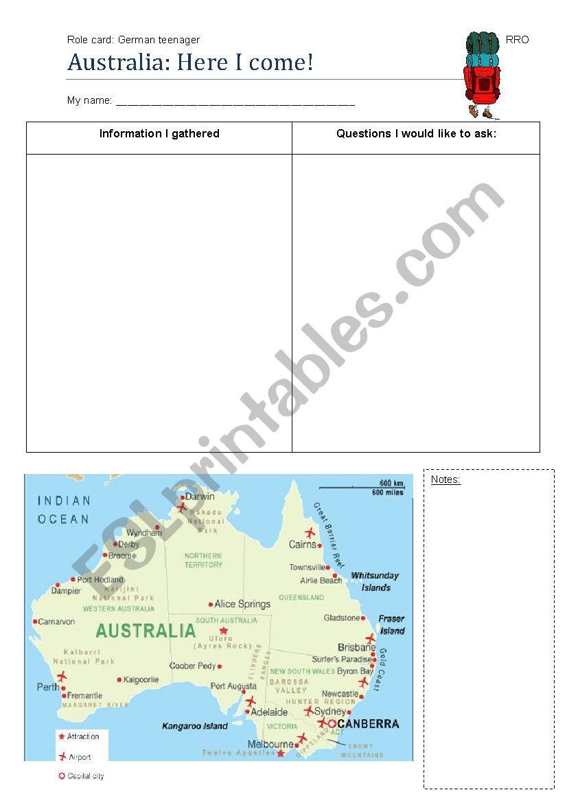 Australia: Role card for role play project - foreign teenager