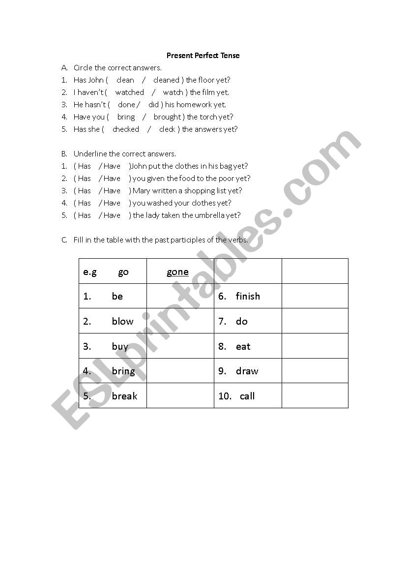 Present Perfect Tense worksheet