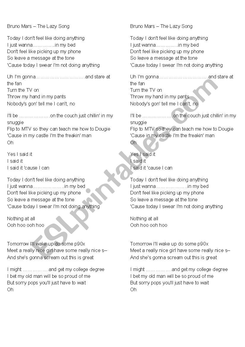 Bruno Mars - The Lazy Song worksheet