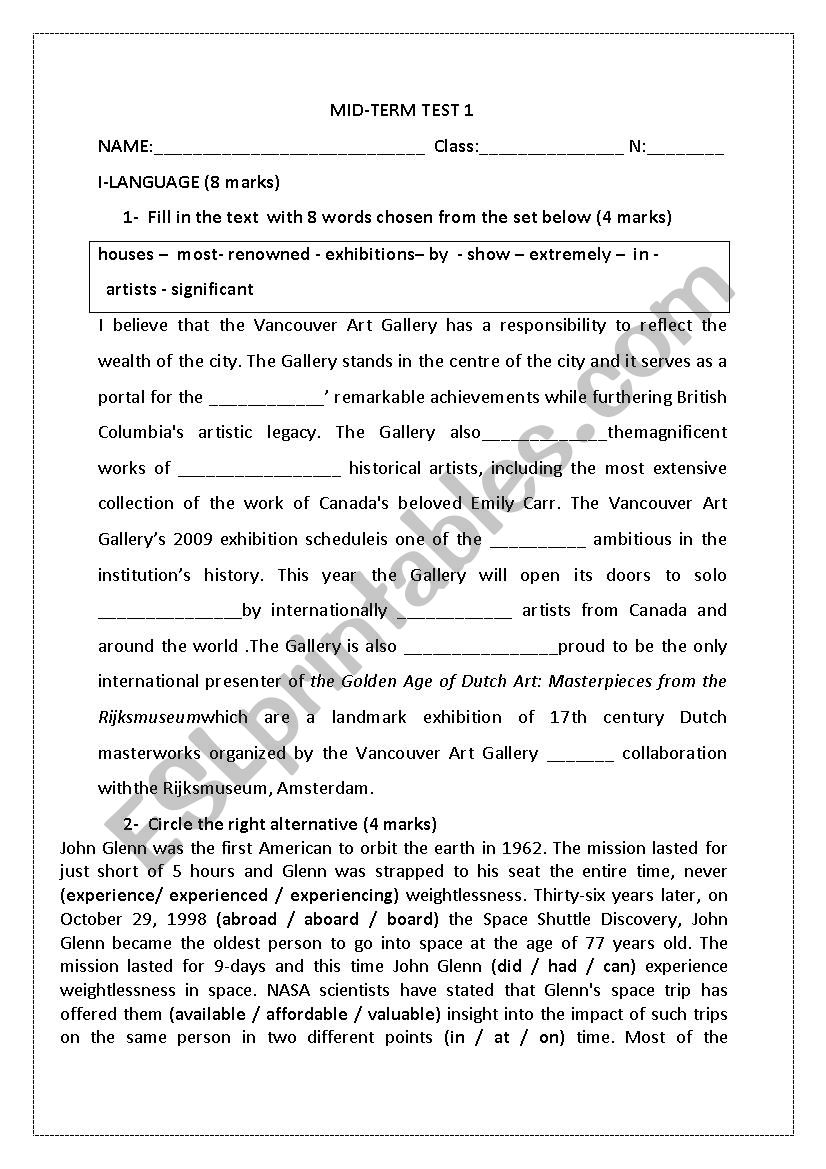 mid-term test 1 4th formers worksheet