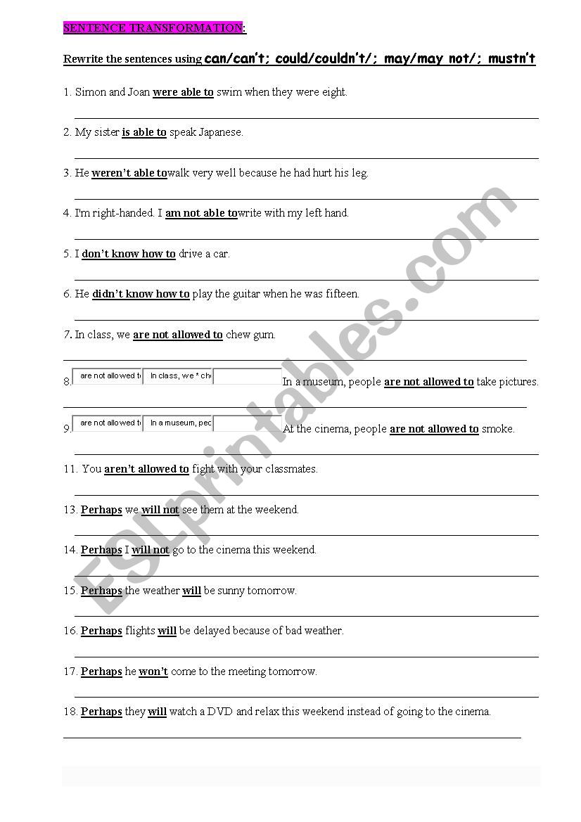 Sentence transformation worksheet