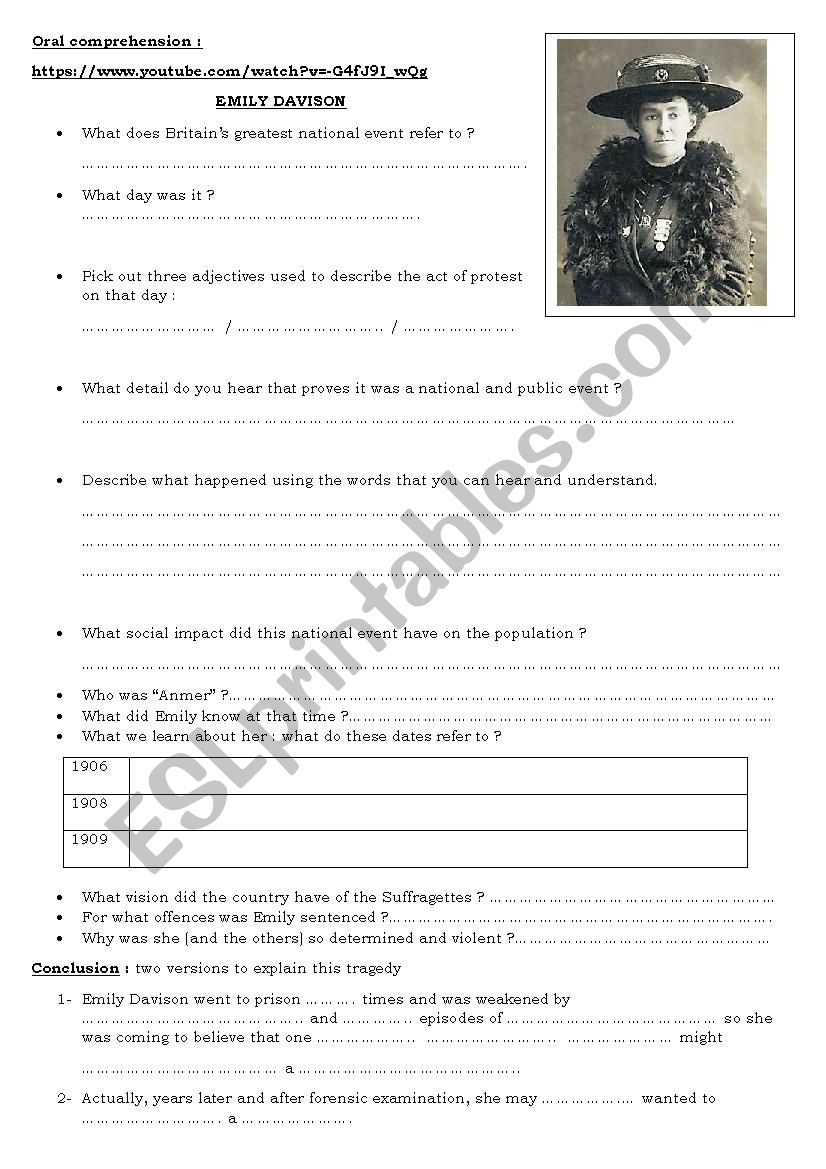 EMILY DAVISON (A SUFFRAGETTE) worksheet