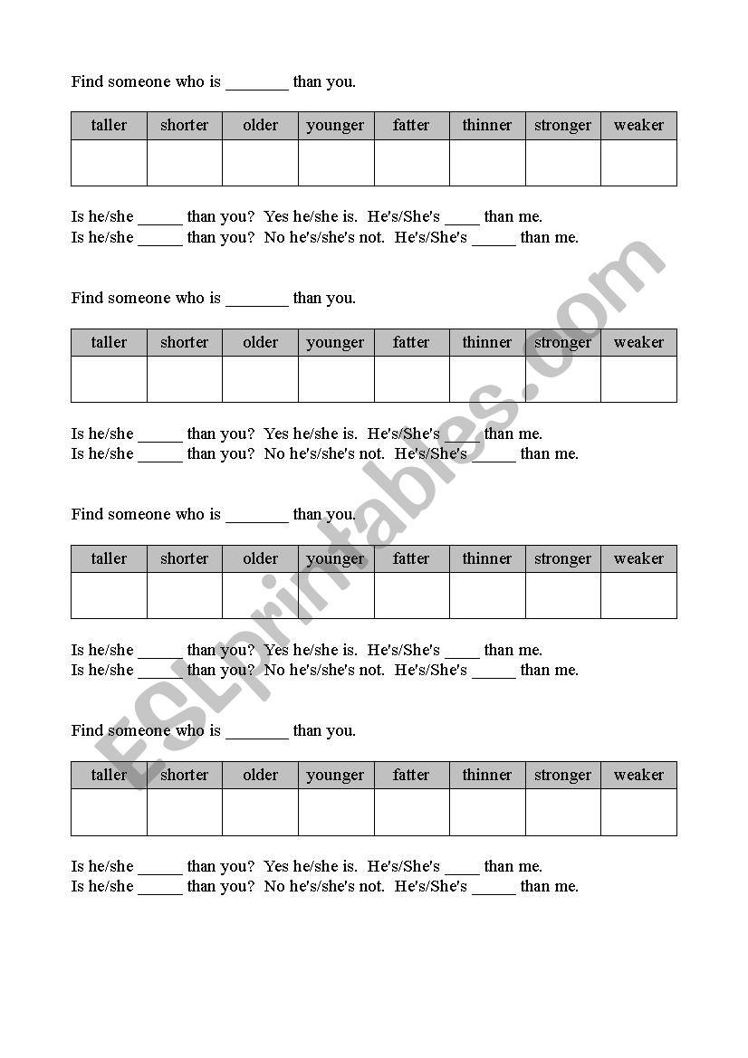 Comparatives & superlatives (Find someone who)