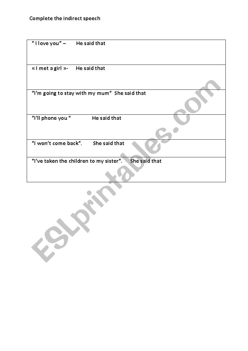 Reported speech worksheet
