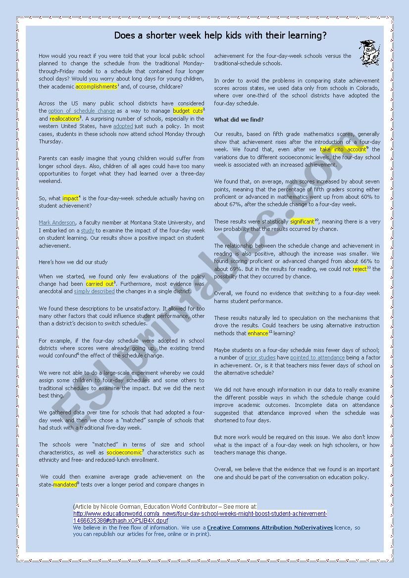 Does a shorter week help kids with their learning?	 Reading+Vocabulary+Discussion+Key