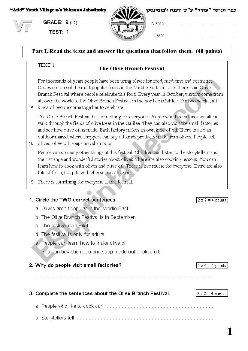 Grade 9, 3 points TEST #1 worksheet