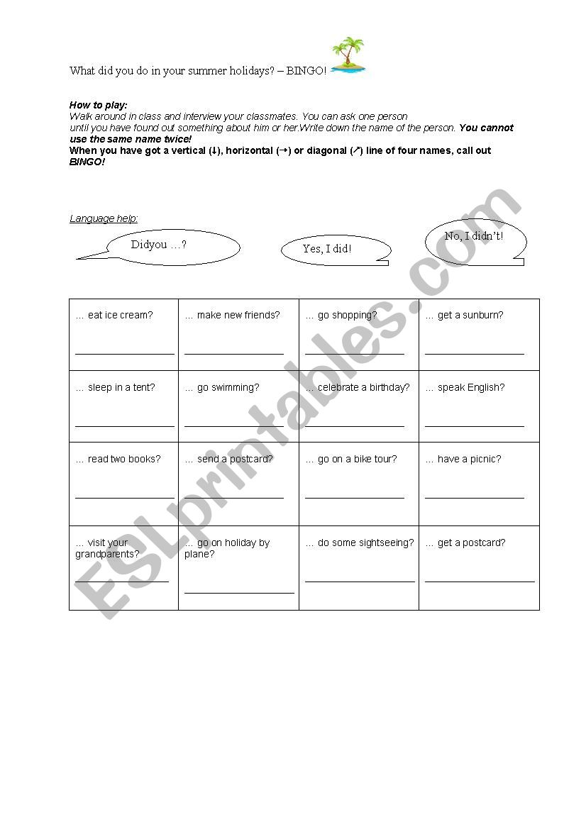 Bingo - summer holidays worksheet