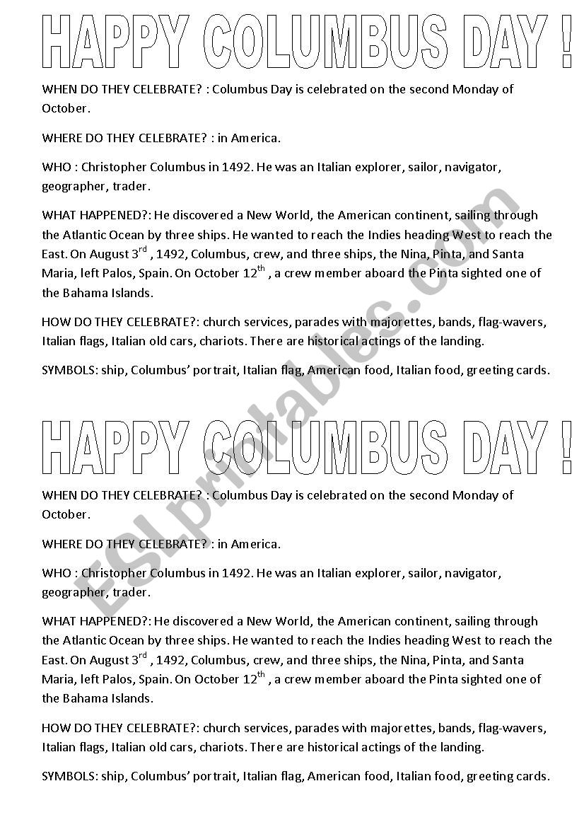 Happy Columbus Day worksheet