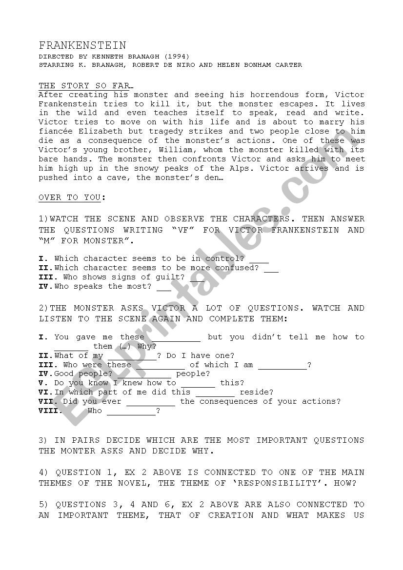 Frankenstein movie worksheet worksheet