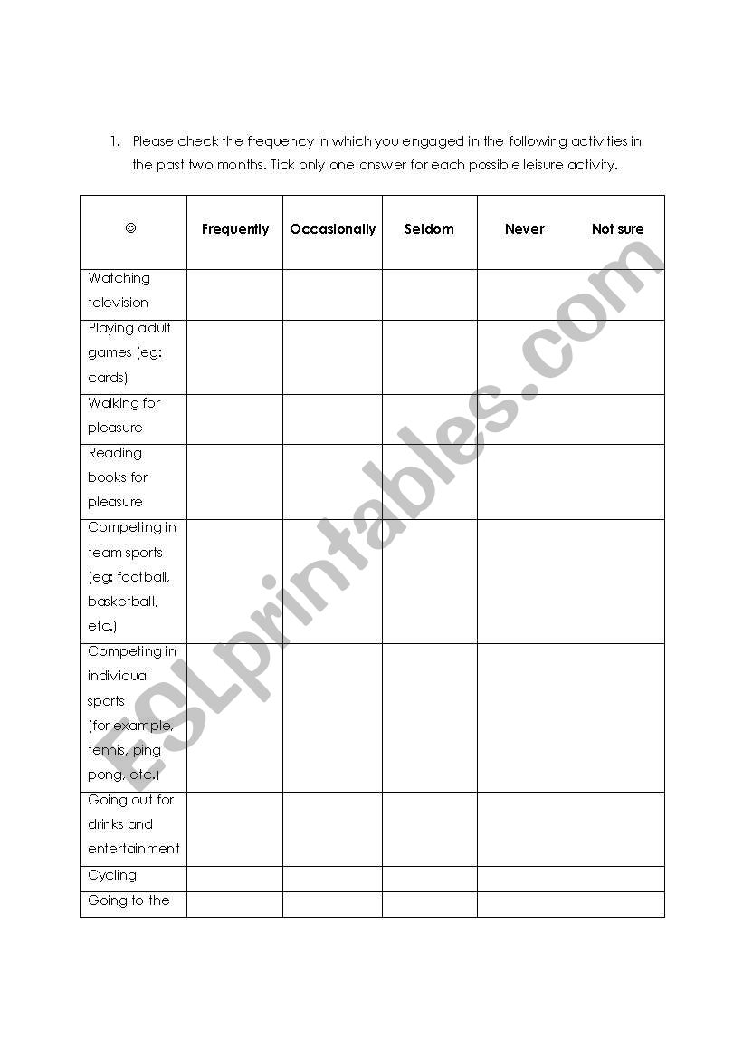 leisure activities worksheet