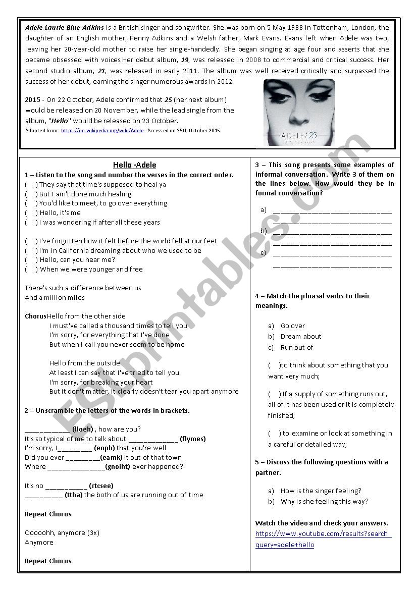 Hello - Adele worksheet