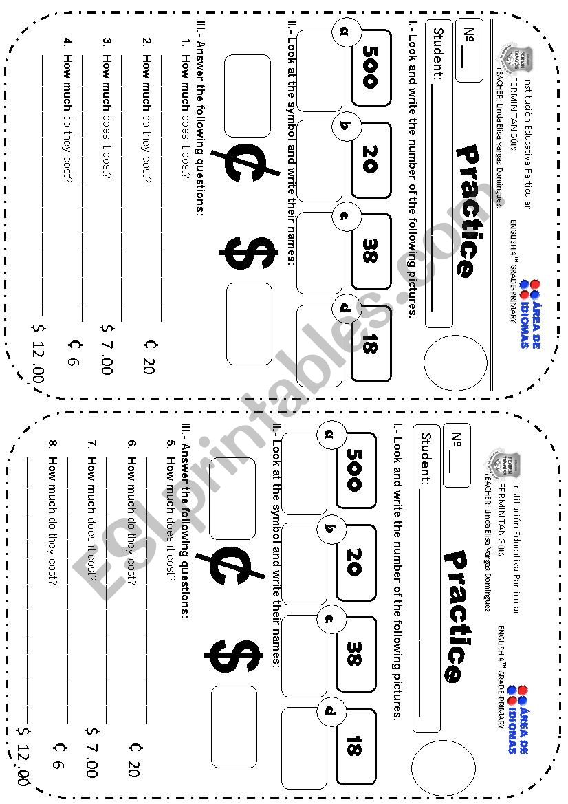 DOLLARS AND CENTS - SYMBOLS worksheet
