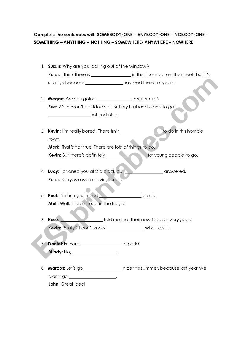 INDEFINITE PRONOUNS  worksheet