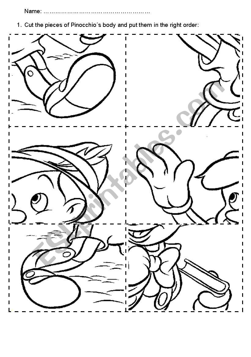 PinocchioÂ´s body puzzle worksheet
