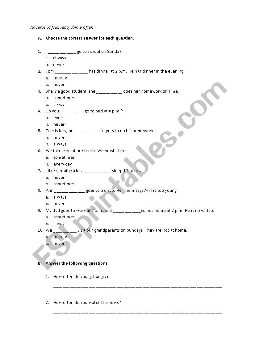 Frequency Adverbs worksheet