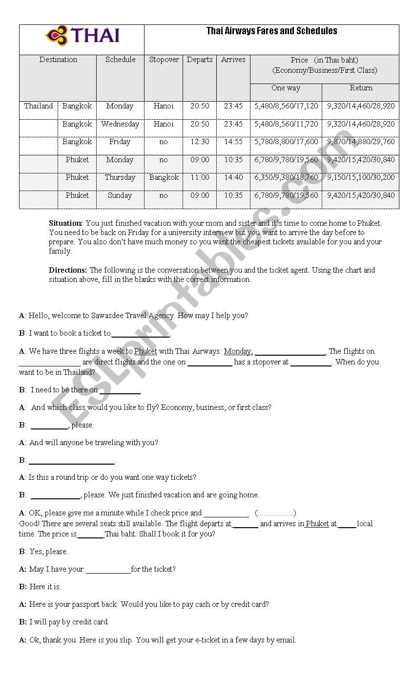 Airplane ticket  worksheet