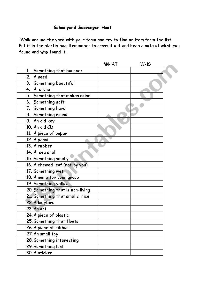 Schoolyard Scavenger Hunt worksheet