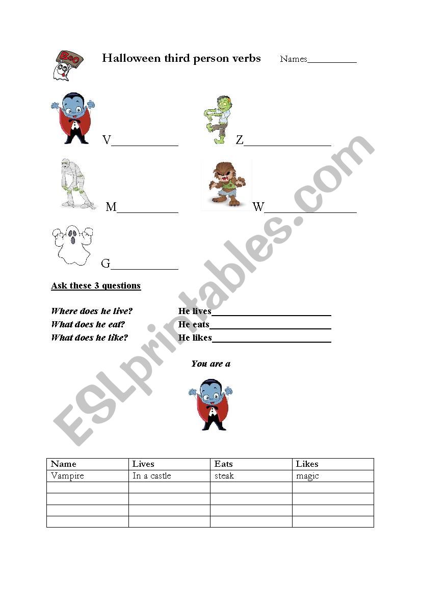 Halloween third person verbs worksheet