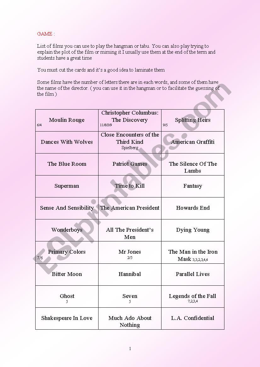 Game. Films !! ( you can use it as hangman or tabu game)