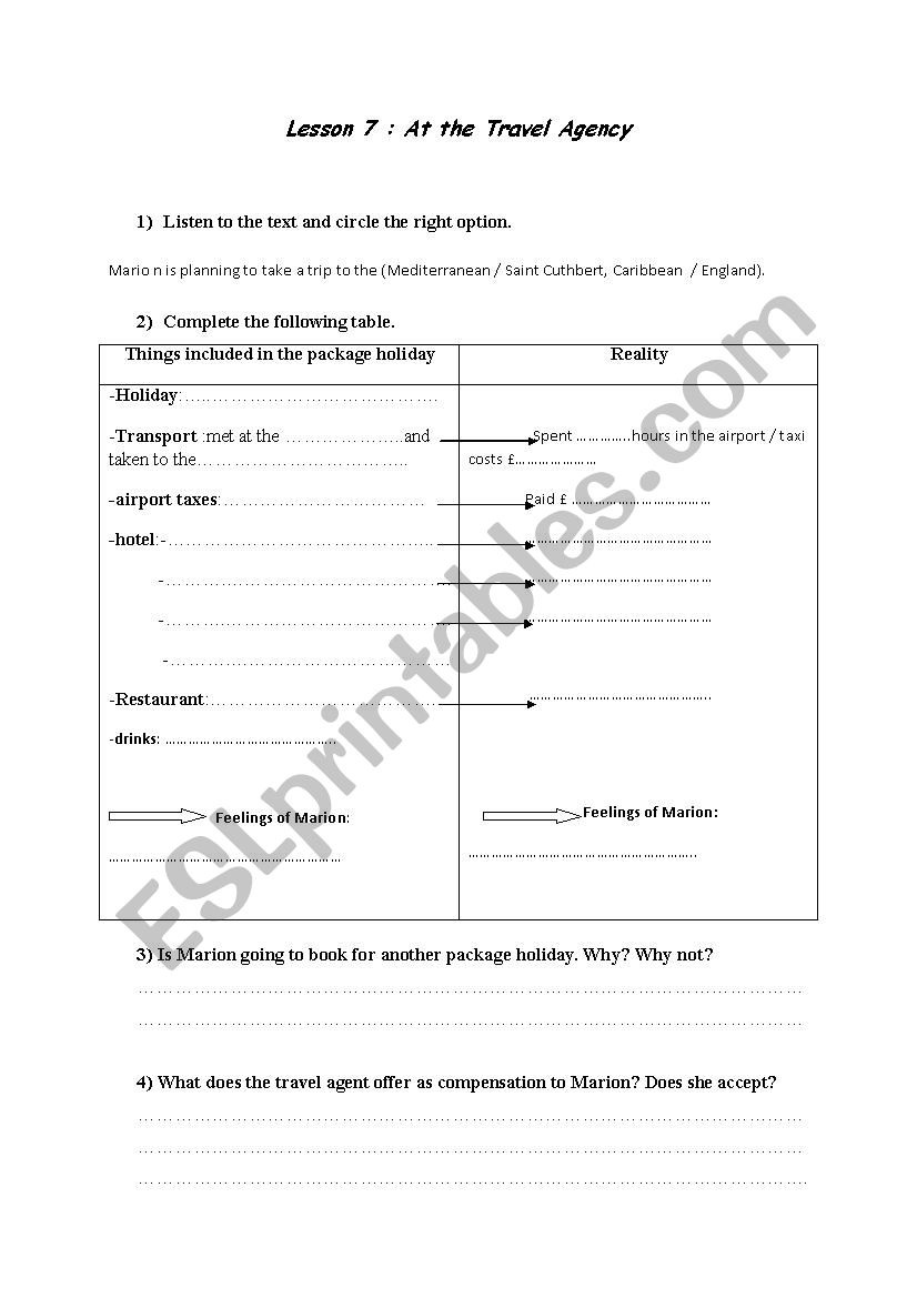 lesson 7 At the Travel Agency worksheet
