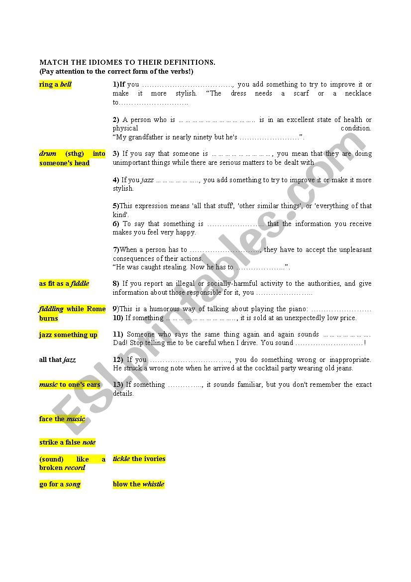 MUSIC IDIOMS worksheet