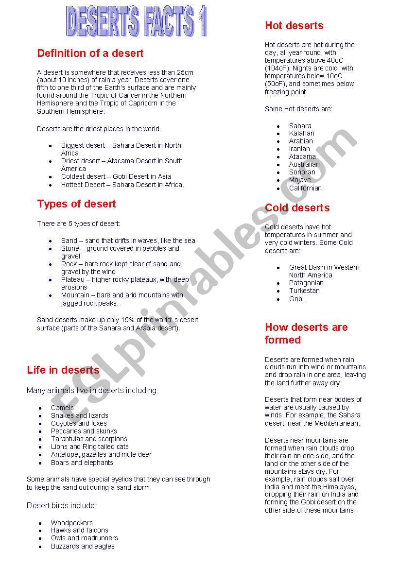 deserts facts 1 worksheet