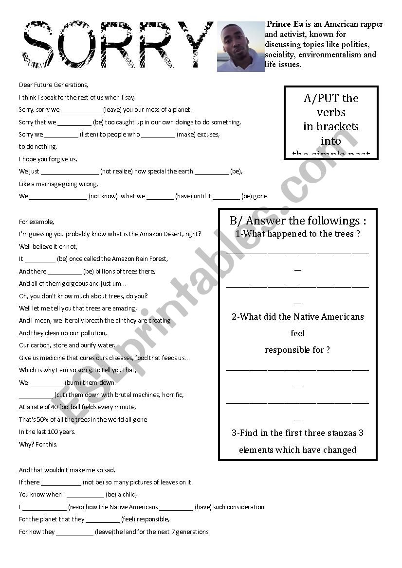 Prince Eas sorry worksheet