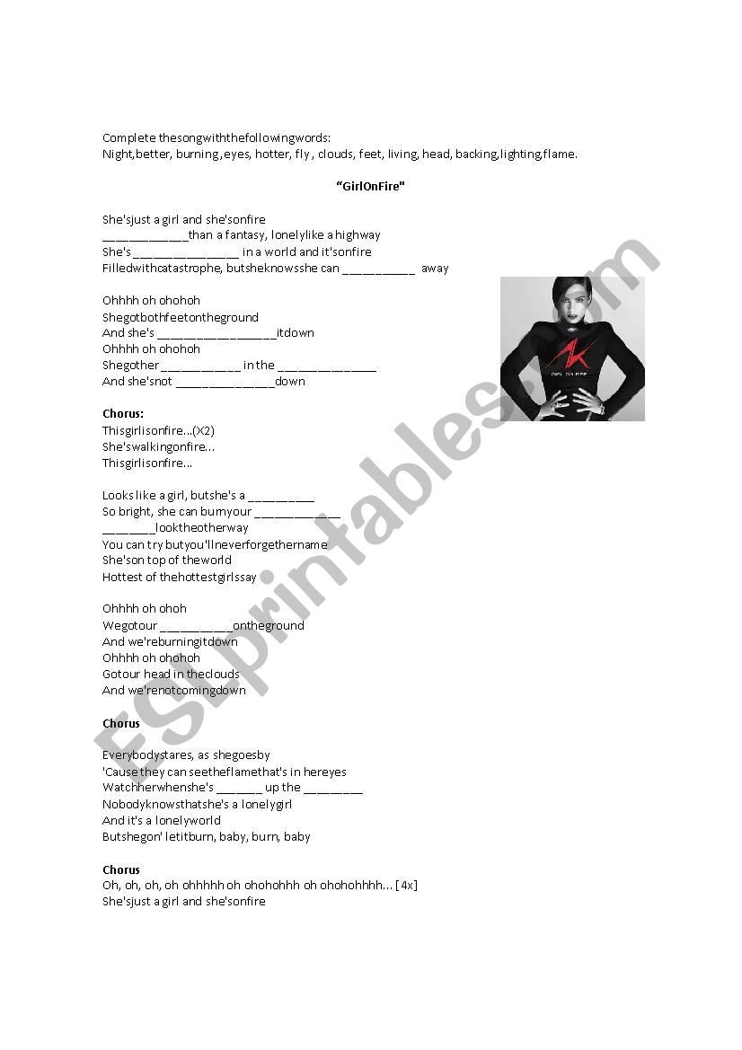 girls on fire song worksheet