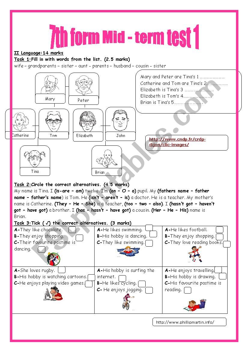 7th form mid - term test 1 worksheet