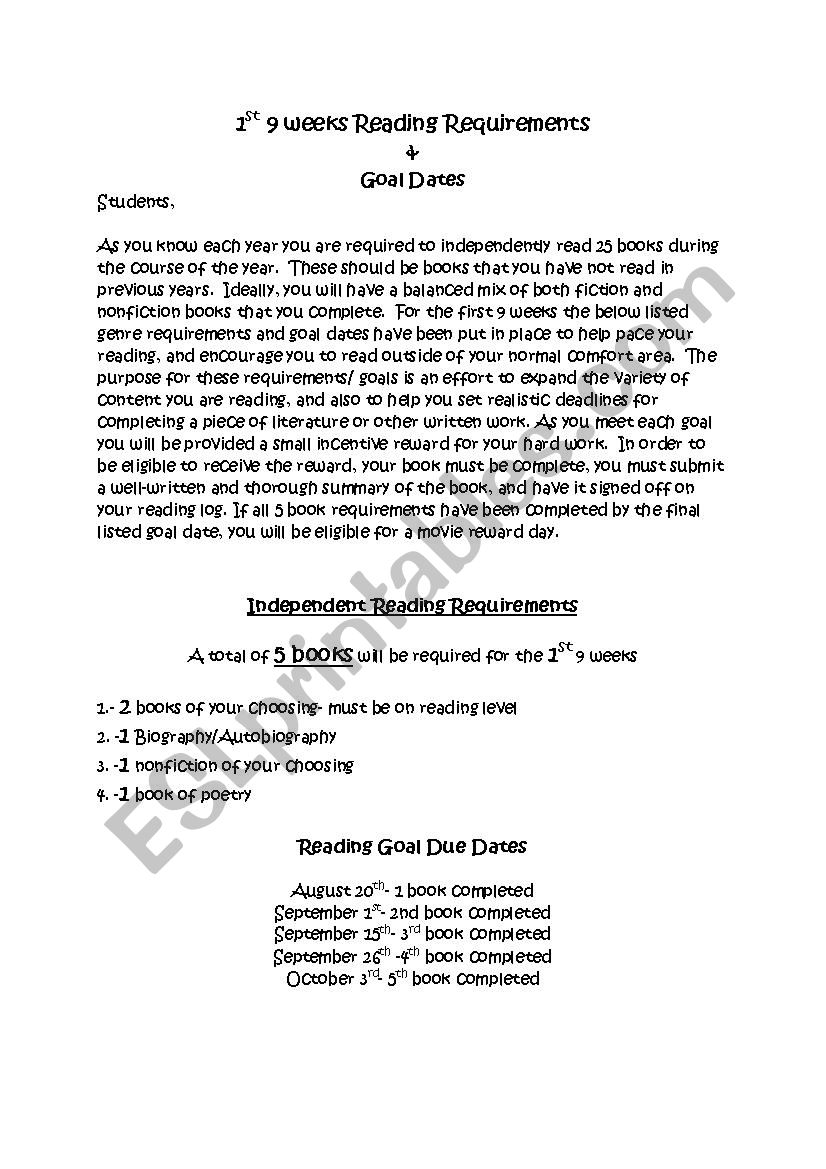 Reading Goals worksheet