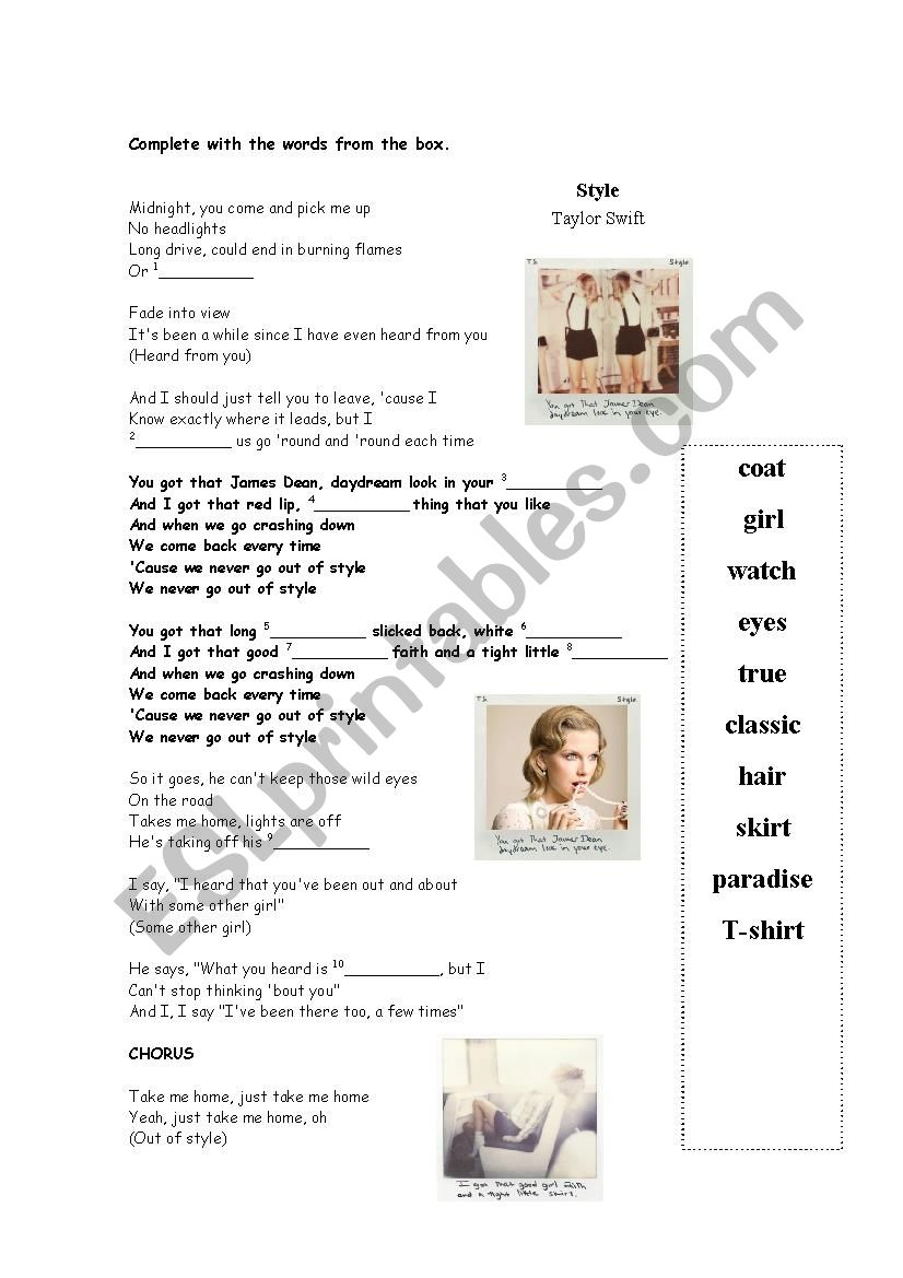Style - Taylor Swift worksheet