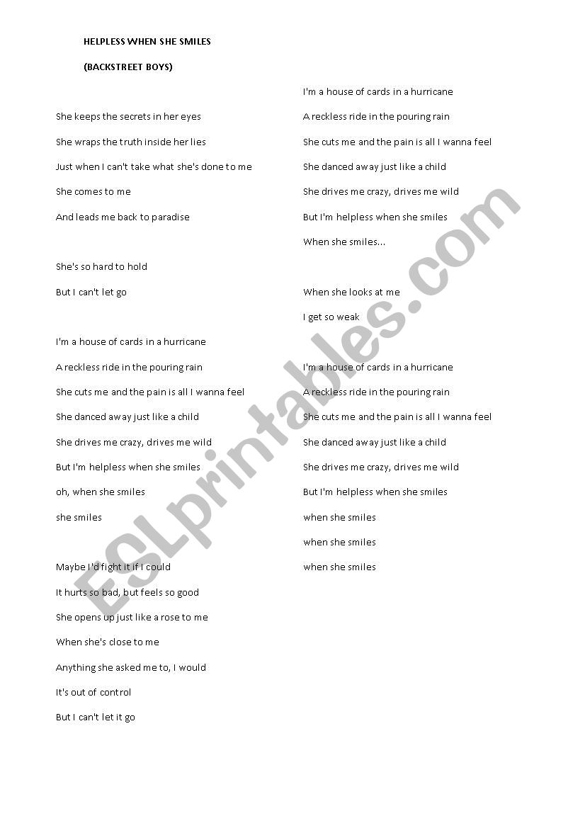 Helpless when she smiles - Backstreet boys worksheet