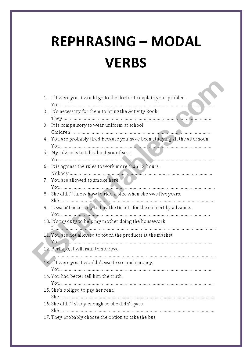 MODAL VERBS. REPHRASING worksheet