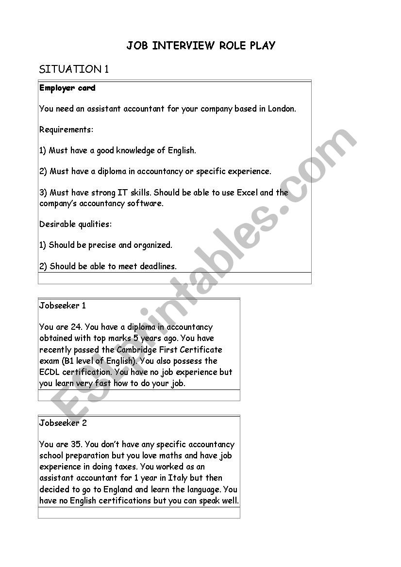 Job interview role-play worksheet