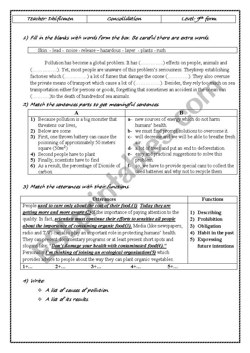 air and land pollution worksheet