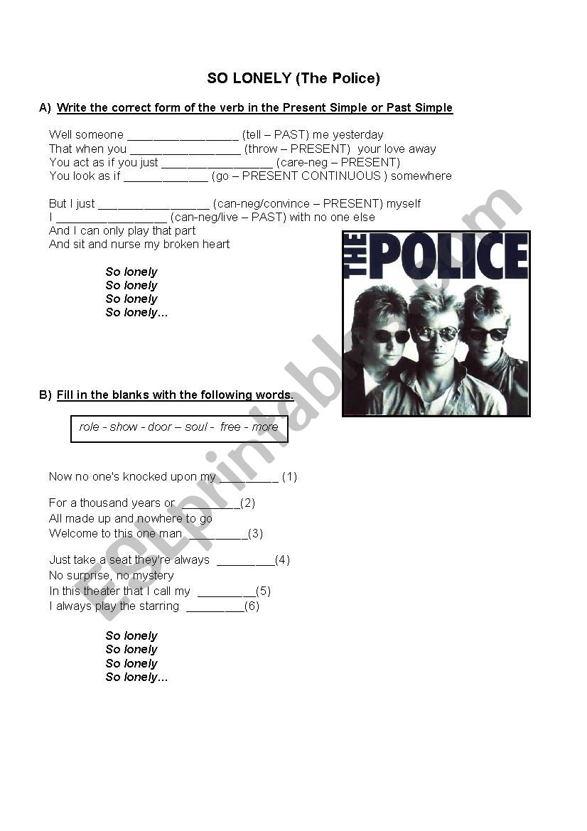 SONG THE POLICE SO LONELY worksheet