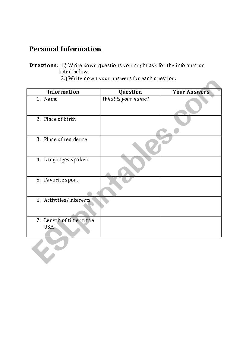 Introductory Questions worksheet