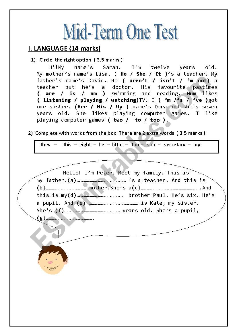 Mid-term one test (7th form) worksheet