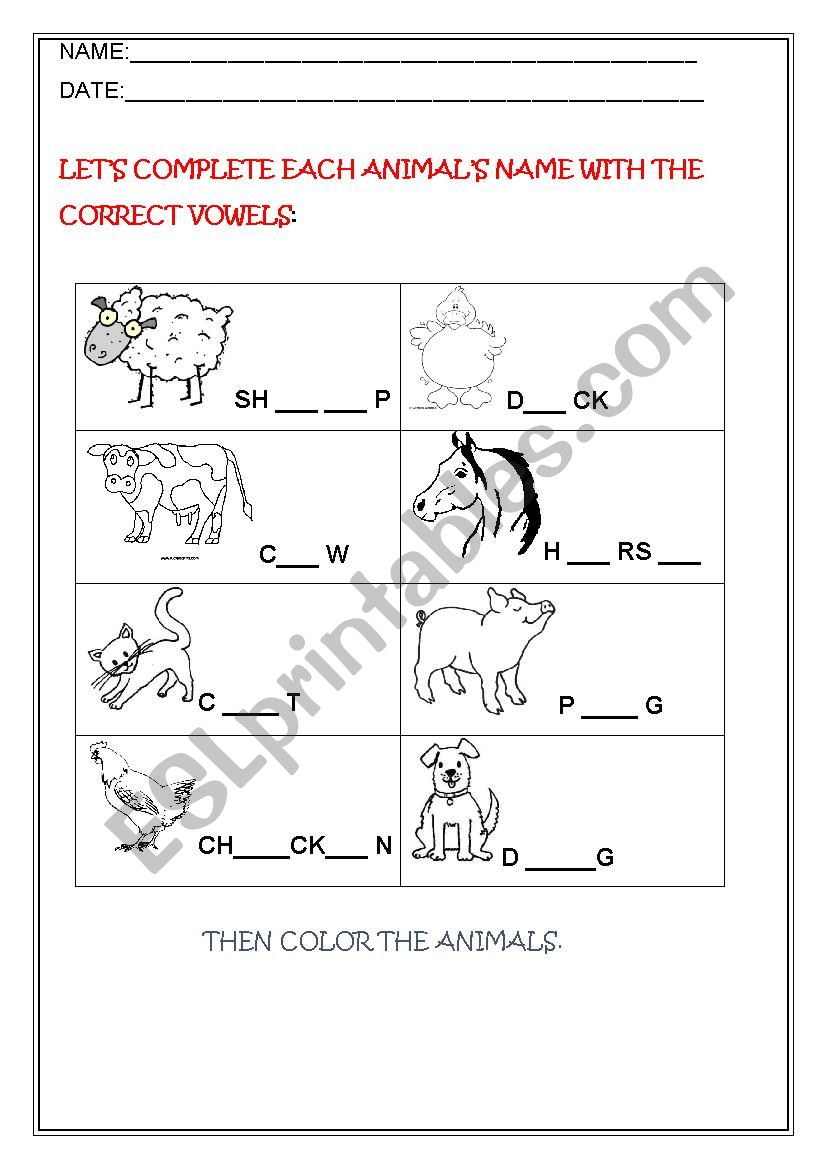ANIMALS NAME worksheet