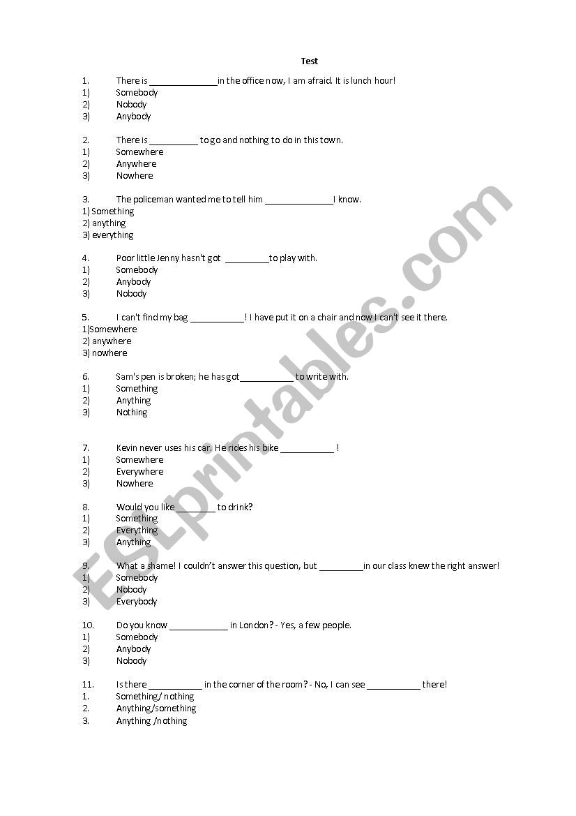 indefinite Pronouns TEST worksheet