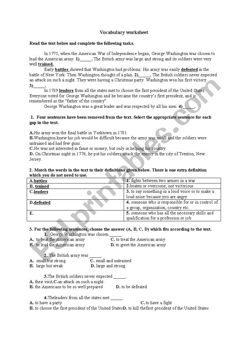 Worksheet - The American War of Independence